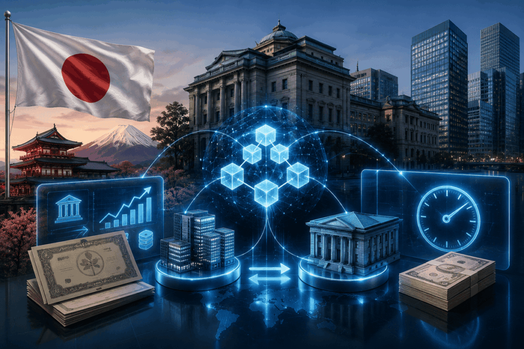 Bandera de Japón, edificios financieros y una red blockchain holográfica conectada a bancos, dinero y un indicador de velocidad.