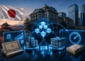 Bandera de Japón, edificios financieros y una red blockchain holográfica conectada a bancos, dinero y un indicador de velocidad.
