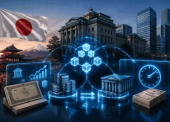 Bandera de Japón, edificios financieros y una red blockchain holográfica conectada a bancos, dinero y un indicador de velocidad.