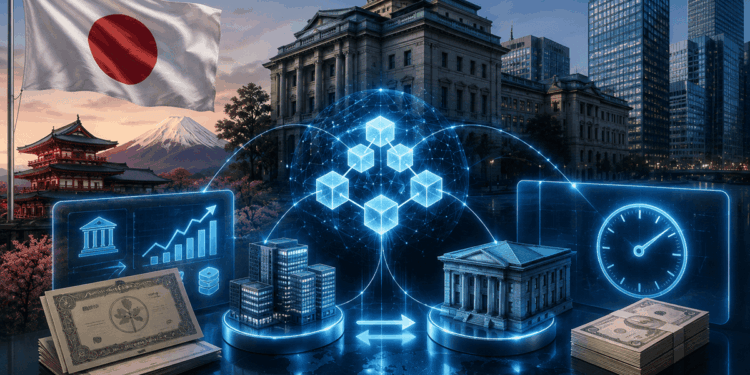 Bandera de Japón, edificios financieros y una red blockchain holográfica conectada a bancos, dinero y un indicador de velocidad.