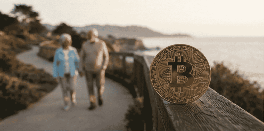 Unas personas de la tercera edad caminando de la mano. BTC en primer plano.