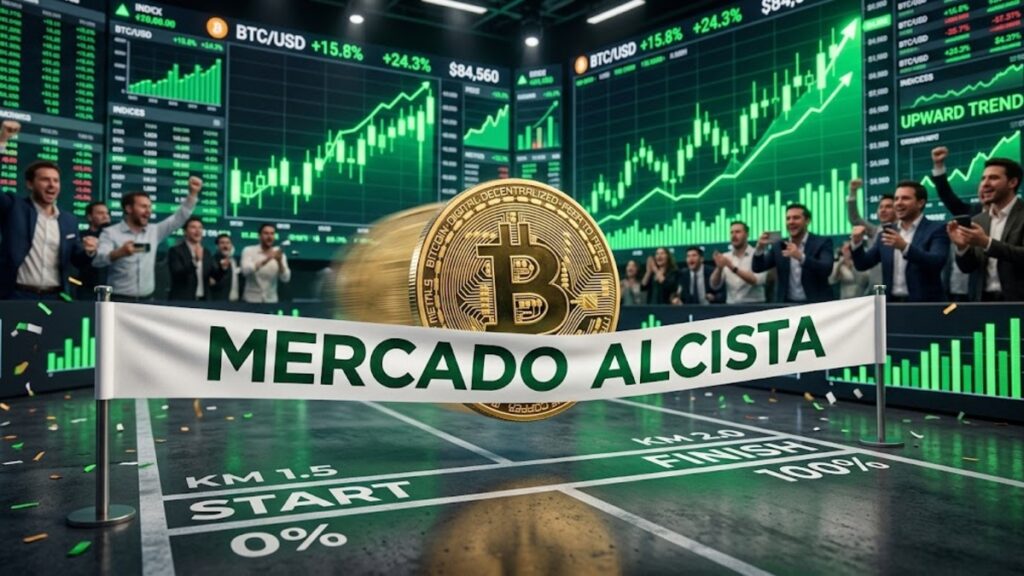 Moneda de bitcoin yendo hacia una línea de meta que dice: "mercado alcista". Con gráficas de mercado en verde en el fondo.