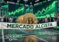 Moneda de bitcoin yendo hacia una línea de meta que dice: "mercado alcista". Con gráficas de mercado en verde en el fondo.