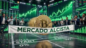 Moneda de bitcoin yendo hacia una línea de meta que dice: "mercado alcista". Con gráficas de mercado en verde en el fondo.