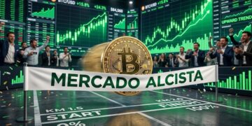 Moneda de bitcoin yendo hacia una línea de meta que dice: "mercado alcista". Con gráficas de mercado en verde en el fondo.