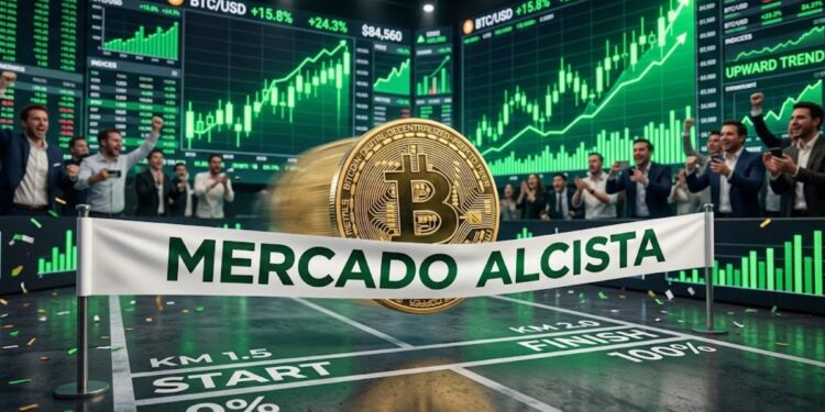 Moneda de bitcoin yendo hacia una línea de meta que dice: "mercado alcista". Con gráficas de mercado en verde en el fondo.