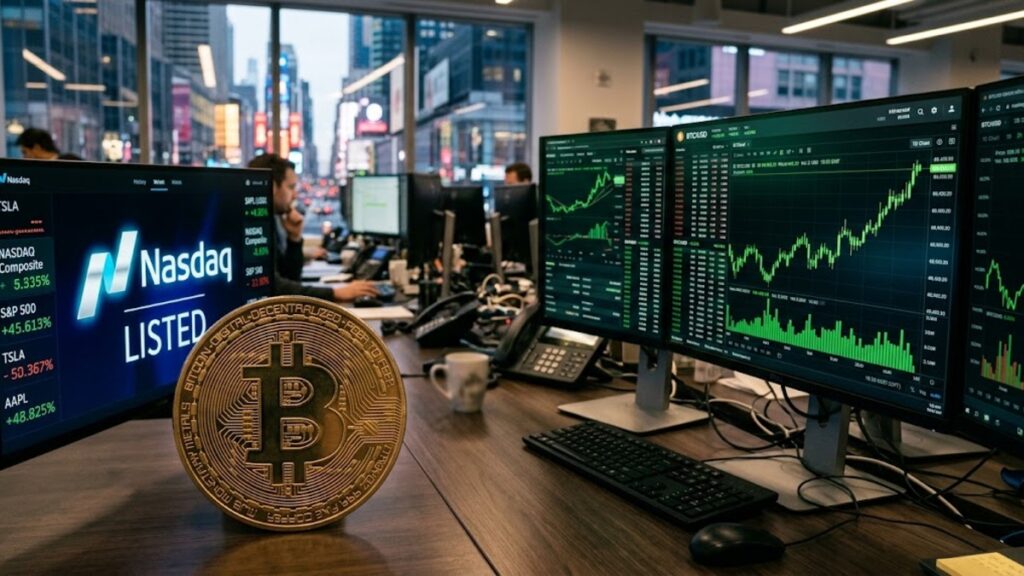Moneda física de bitcoin con gráficas verdes en el fondo y el logo de Nasdaq.