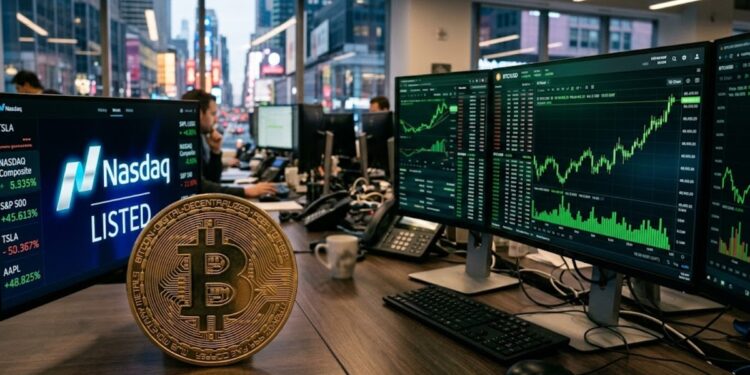 Moneda física de bitcoin con gráficas verdes en el fondo y el logo de Nasdaq.