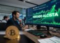 Bitcoin con gráficos verde y la frase "mercado alcista" en el fondo.