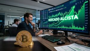Bitcoin con gráficos verde y la frase "mercado alcista" en el fondo.
