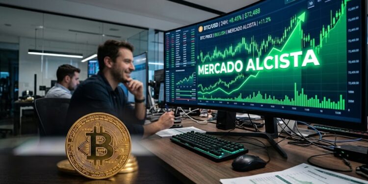 Bitcoin con gráficos verde y la frase "mercado alcista" en el fondo.