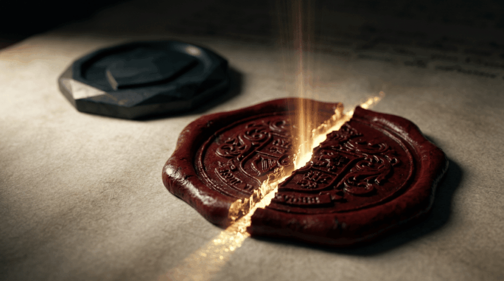 An ornate wax seal stamped on a legal document, half-cracked down the middle, with fine golden light leaking through the fracture like something trying to escape containment. Behind it, slightly out of focus, a second, smaller seal made of a completely different material — dark, faceted, uncracked, unadorned. Dramatic side lighting, dark solemn background. Mood: the fragility of an official guarantee next to something that was never sealed by decree in the first place. Hyperrealistic texture. No text, no readable insignia, no logos.