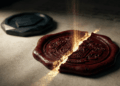 An ornate wax seal stamped on a legal document, half-cracked down the middle, with fine golden light leaking through the fracture like something trying to escape containment. Behind it, slightly out of focus, a second, smaller seal made of a completely different material — dark, faceted, uncracked, unadorned. Dramatic side lighting, dark solemn background. Mood: the fragility of an official guarantee next to something that was never sealed by decree in the first place. Hyperrealistic texture. No text, no readable insignia, no logos.
