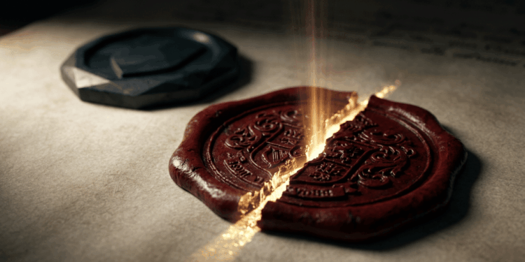 An ornate wax seal stamped on a legal document, half-cracked down the middle, with fine golden light leaking through the fracture like something trying to escape containment. Behind it, slightly out of focus, a second, smaller seal made of a completely different material — dark, faceted, uncracked, unadorned. Dramatic side lighting, dark solemn background. Mood: the fragility of an official guarantee next to something that was never sealed by decree in the first place. Hyperrealistic texture. No text, no readable insignia, no logos.