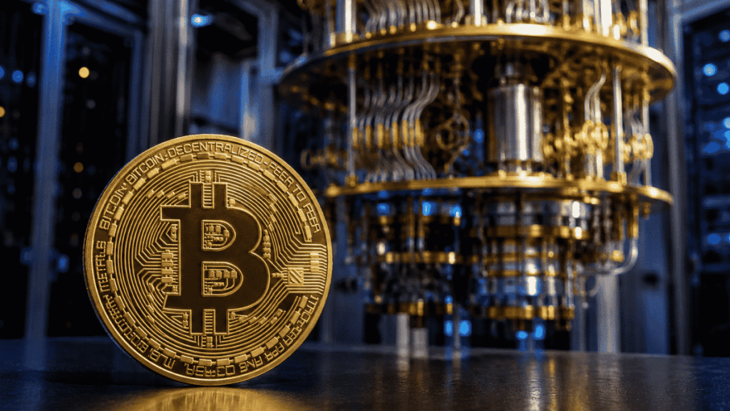 Moneda de bitcoin y computadora cuántica.