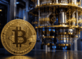 Moneda de bitcoin y computadora cuántica.