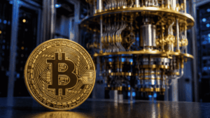 Moneda de bitcoin y computadora cuántica.