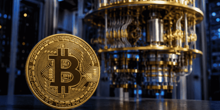 Moneda de bitcoin y computadora cuántica.