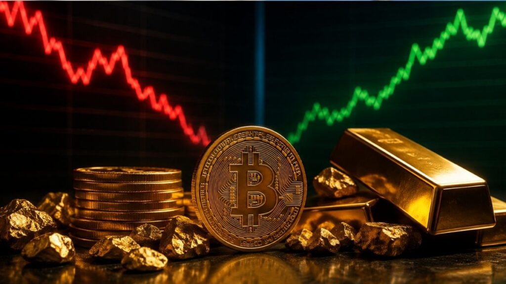 Moneda física de bitcoin dorada junto a lingotes y pepitas de oro frente a pantallas con gráficos bursátiles en rojo y verde.