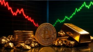 Moneda física de bitcoin dorada junto a lingotes y pepitas de oro frente a pantallas con gráficos bursátiles en rojo y verde.