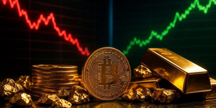 Moneda física de bitcoin dorada junto a lingotes y pepitas de oro frente a pantallas con gráficos bursátiles en rojo y verde.