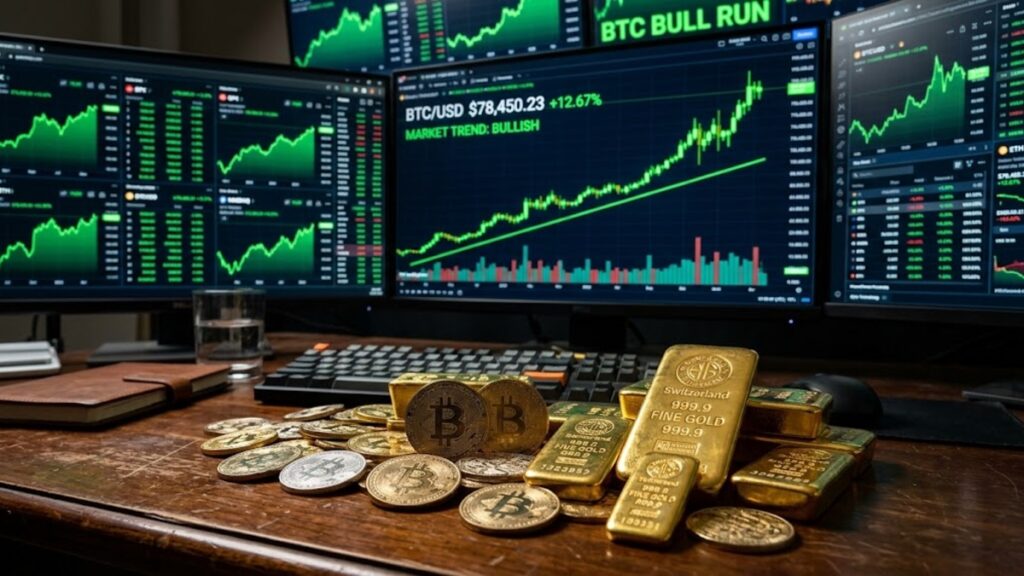 Monedas de bitcoin con lingotes de oro y gráficas de mercado en verde en el fondo.