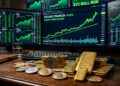 Monedas de bitcoin con lingotes de oro y gráficas de mercado en verde en el fondo.
