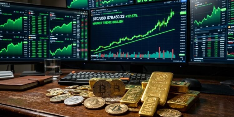 Monedas de bitcoin con lingotes de oro y gráficas de mercado en verde en el fondo.
