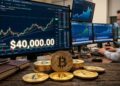 Monedas de bitcoin con gráficas de mercado en el fondo y la cifra de 40.000 dólares.