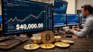Monedas de bitcoin con gráficas de mercado en el fondo y la cifra de 40.000 dólares.