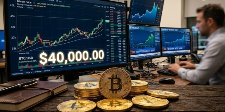 Monedas de bitcoin con gráficas de mercado en el fondo y la cifra de 40.000 dólares.