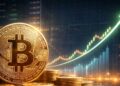 Imagen de Bitcoin físico dorado sobre pila de monedas con gráfico de tendencia alcista al fondo.