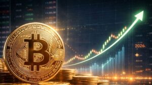 Imagen de Bitcoin físico dorado sobre pila de monedas con gráfico de tendencia alcista al fondo.