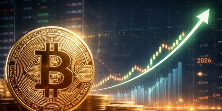 Imagen de Bitcoin físico dorado sobre pila de monedas con gráfico de tendencia alcista al fondo.