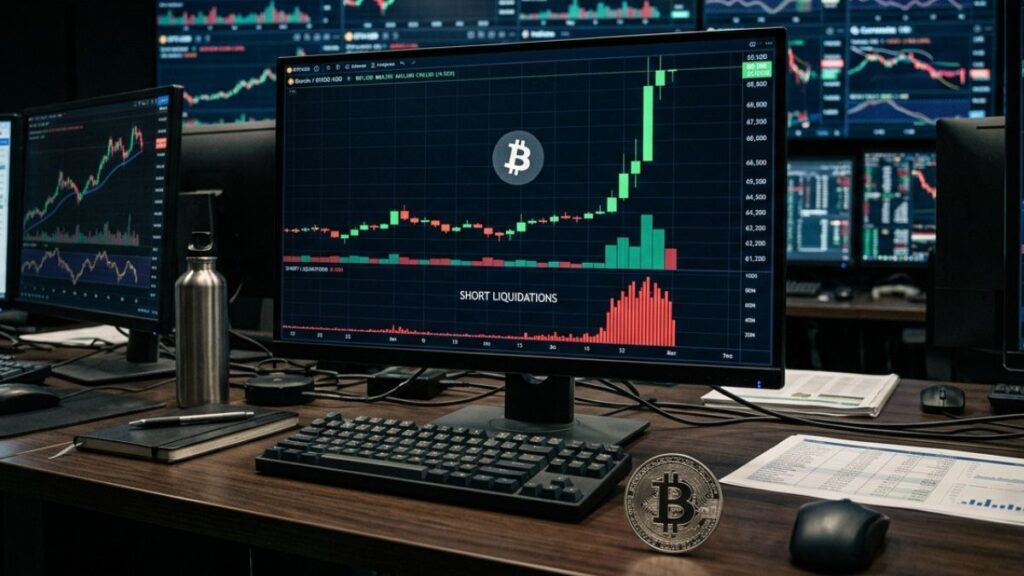 Gráfico financiero de Bitcoin en una pantalla mostrando una fuerte vela verde alcista junto a un volumen alto de liquidaciones.