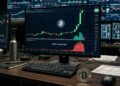 Gráfico financiero de Bitcoin en una pantalla mostrando una fuerte vela verde alcista junto a un volumen alto de liquidaciones.