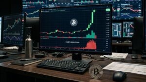 Gráfico financiero de Bitcoin en una pantalla mostrando una fuerte vela verde alcista junto a un volumen alto de liquidaciones.