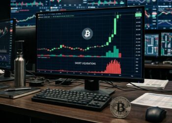 Gráfico financiero de Bitcoin en una pantalla mostrando una fuerte vela verde alcista junto a un volumen alto de liquidaciones.