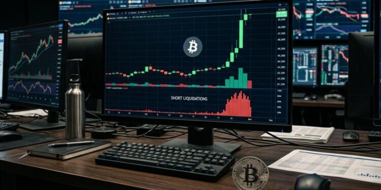 Gráfico financiero de Bitcoin en una pantalla mostrando una fuerte vela verde alcista junto a un volumen alto de liquidaciones.