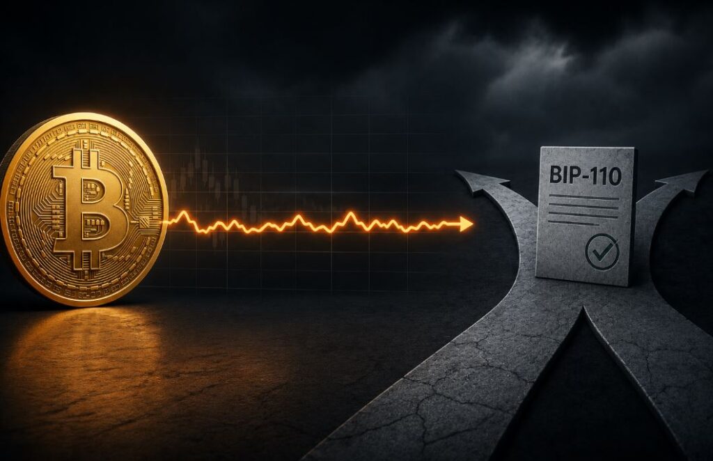 Una línea dorada que sale de una moneda física de bitcoin.