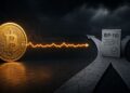 Una línea dorada que sale de una moneda física de bitcoin.