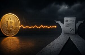 Una línea dorada que sale de una moneda física de bitcoin.