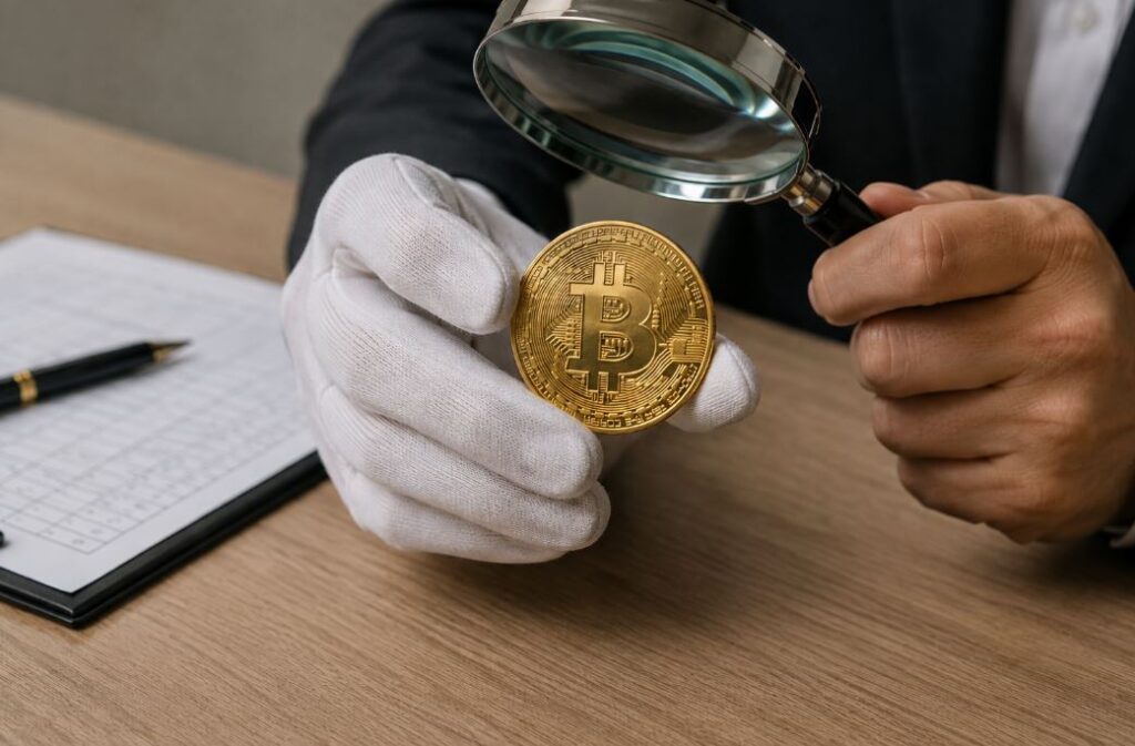 Una persona sostiene con su mano derecha una moneda física de bitcoin y la examina con una lupa.