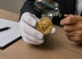 Una persona sostiene con su mano derecha una moneda física de bitcoin y la examina con una lupa.