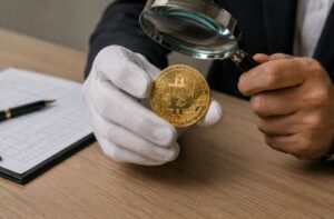 Una persona sostiene con su mano derecha una moneda física de bitcoin y la examina con una lupa.