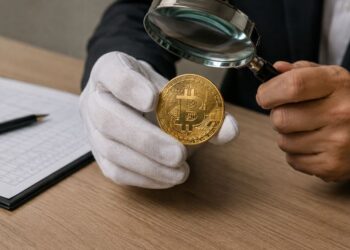 Una persona sostiene con su mano derecha una moneda física de bitcoin y la examina con una lupa.