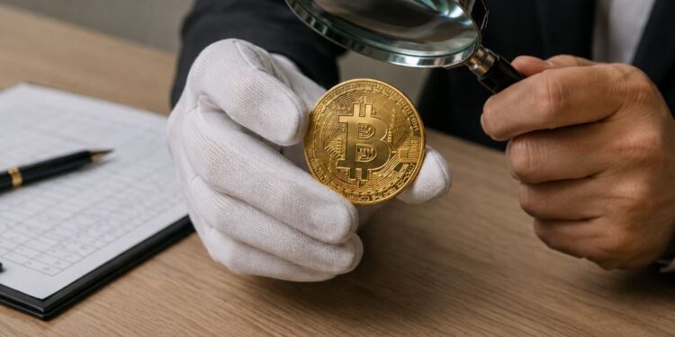 Una persona sostiene con su mano derecha una moneda física de bitcoin y la examina con una lupa.