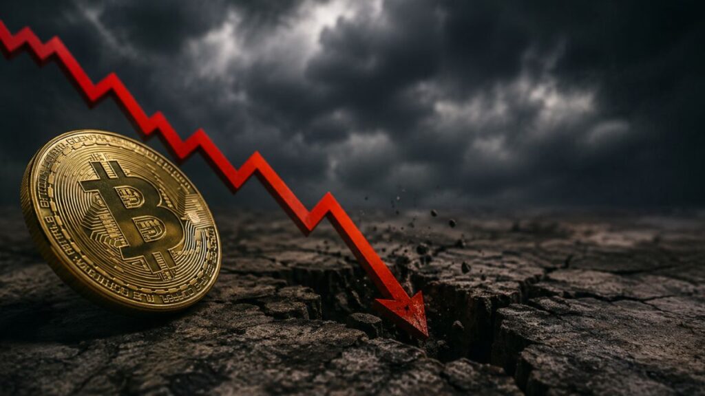 Una moneda de Bitcoin dorada sobre suelo agrietado, con una flecha roja de gráfico descendente.