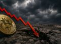 Una moneda de Bitcoin dorada sobre suelo agrietado, con una flecha roja de gráfico descendente.