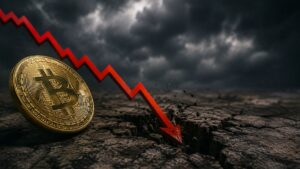 Una moneda de Bitcoin dorada sobre suelo agrietado, con una flecha roja de gráfico descendente.